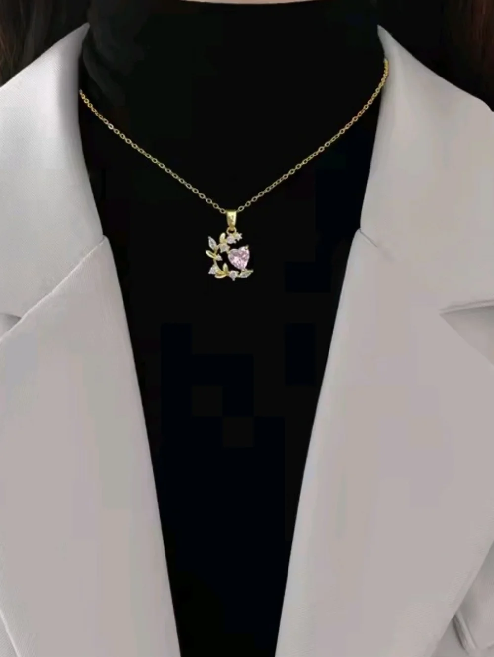 Dainty Gold Heart & Leaf Pendant Necklace Pink Crystal Jewelry